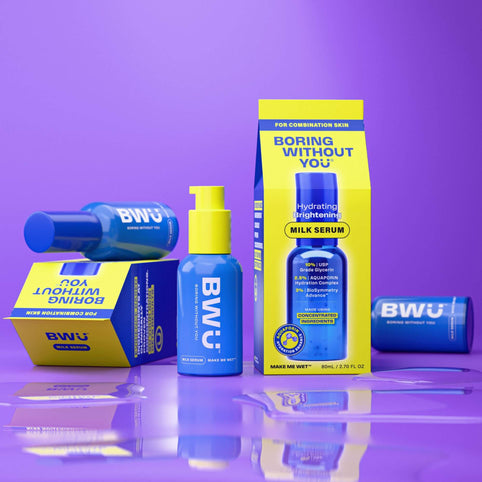 Boring Without You skincare for combination skin. 
  
 

  Make Me Wet AQUAPORIN Hydrating Milk Serum. 
  
 

  Hydrating skincare. brightening skincare. Hydrating serum 
  
 

  Serum in a milk carton packaging.