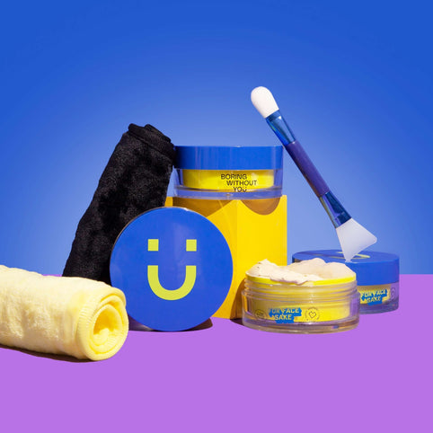Beauty without the bullshit, big softie face cloth, duo brush on blue background